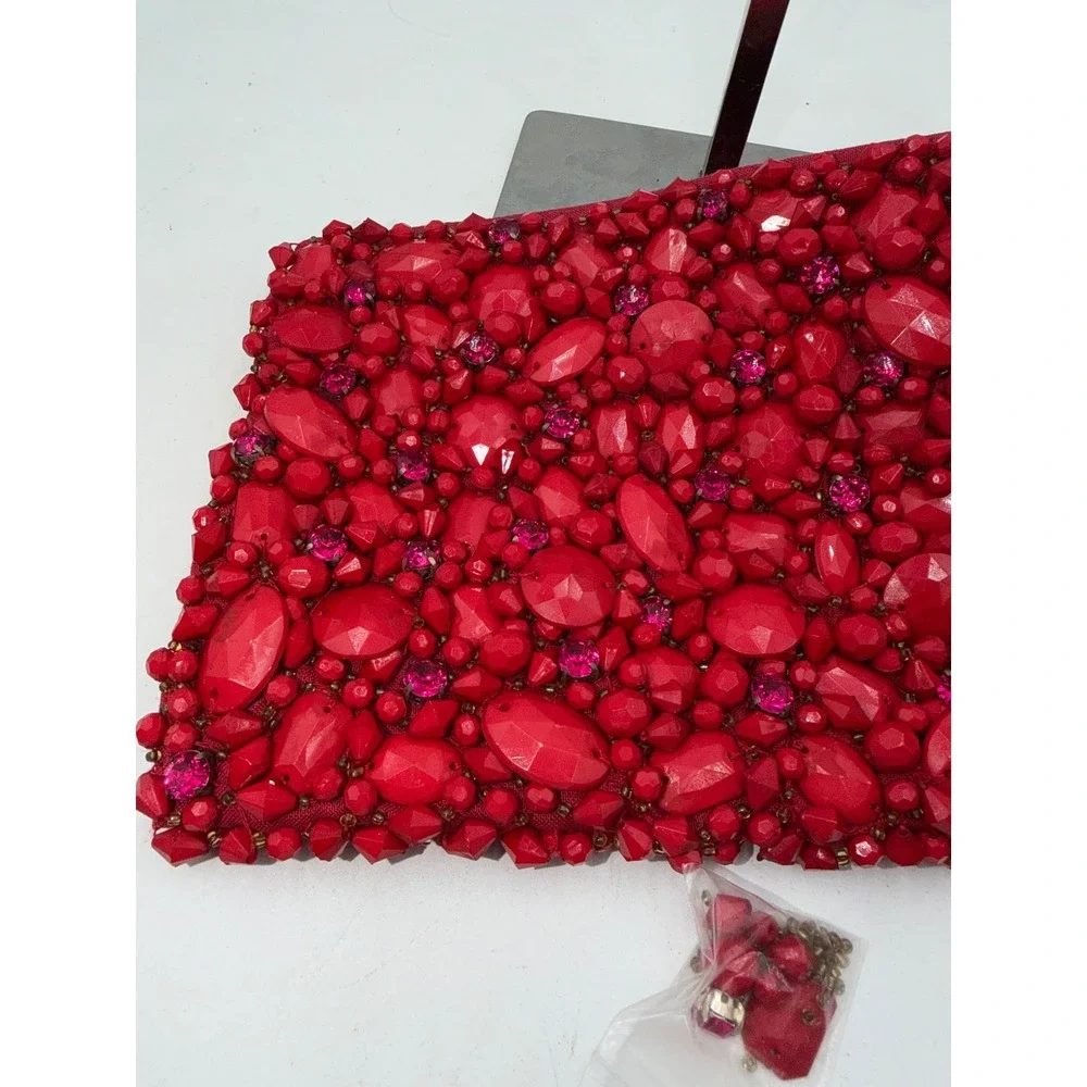 Red Beaded Rhinestone Embellished Zip Clutch Evening Bag with Spare Beads